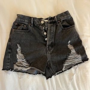 PACSUN Denim Shorts 25 Womens Black Wash Raw Hem Button Fly Ultra High Rise
